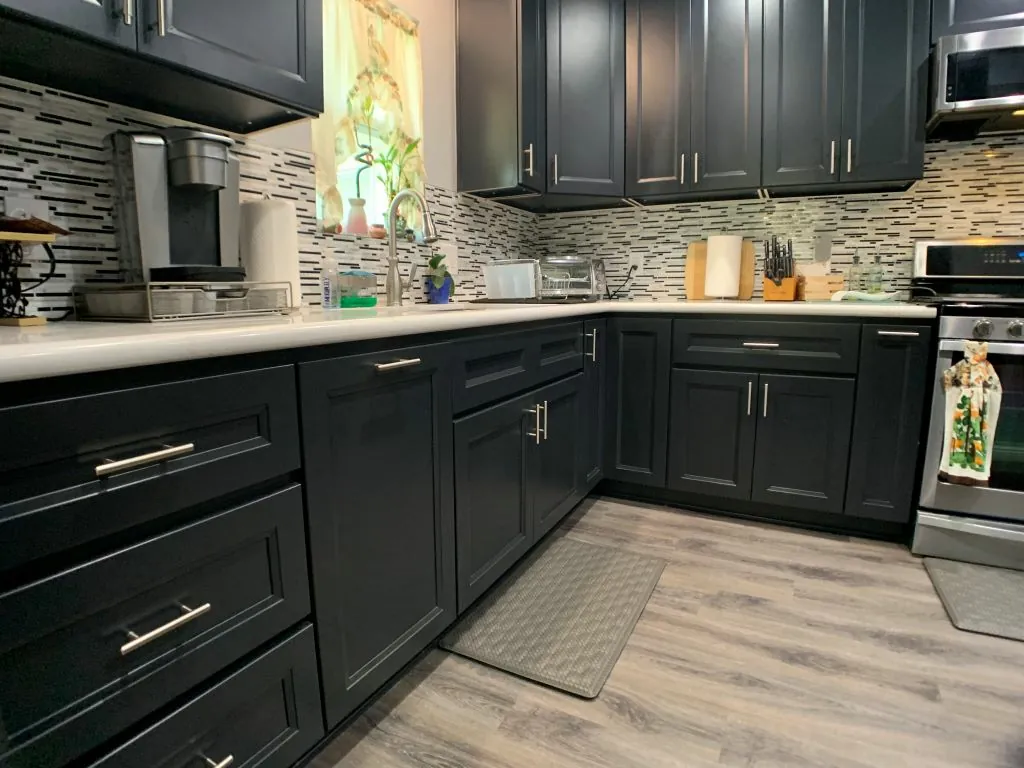 Kitchen with dark navy cabinets and a tile backsplash